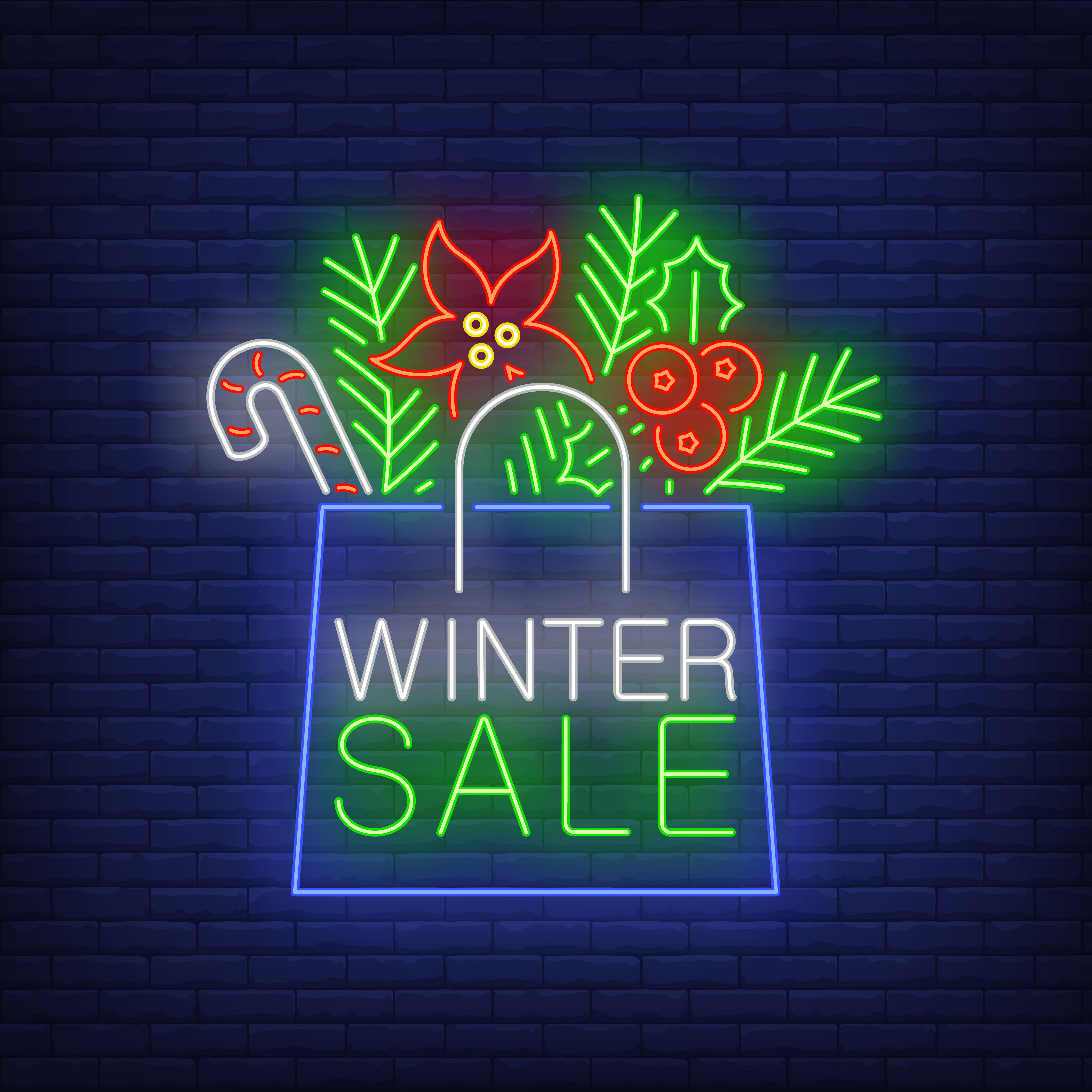 Winter sale banner, paper bag in neon style